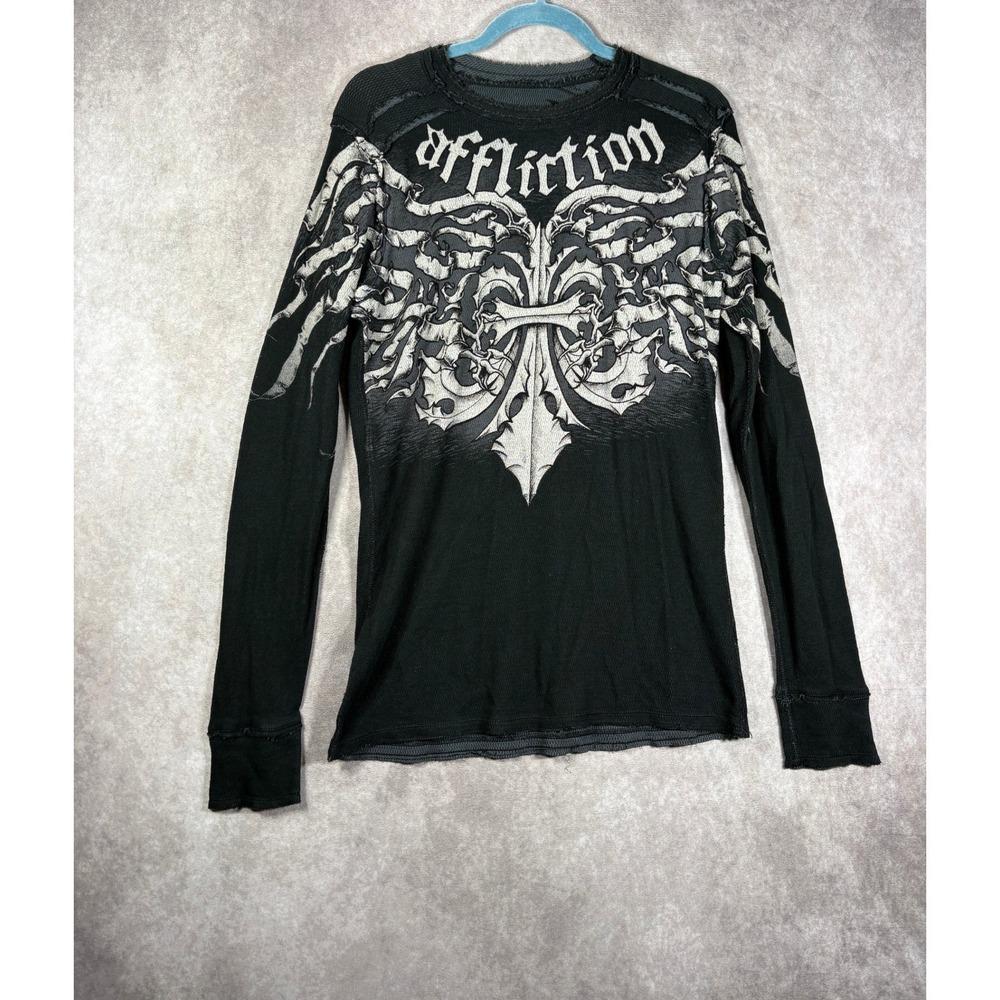 Affliction Thermal Shirt Men Medium Black Graphic Tee Y2K Grunge Gothic Cross